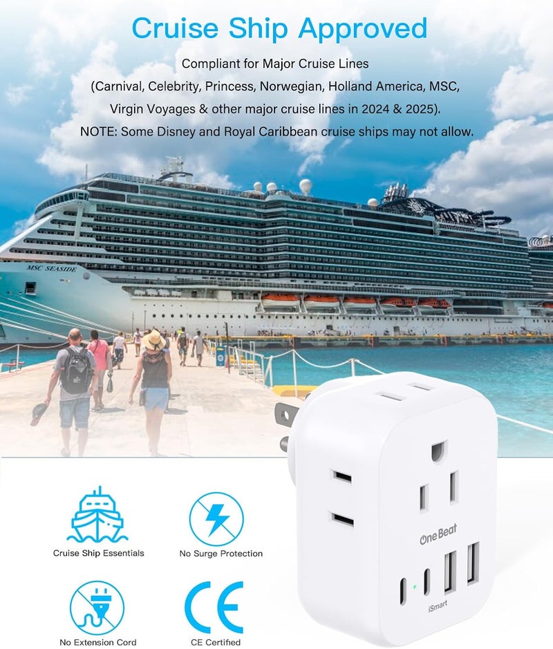 One Beat Travel Cruise Ship Essentials, Multi Plug Wall Outlet Extender with 4 Outlets 4 USB (2 USB-C), Cruise Approved Power Strip Non Surge Protector, Plug Adapter, Travel Cruise Must Have Accessories - Image 5